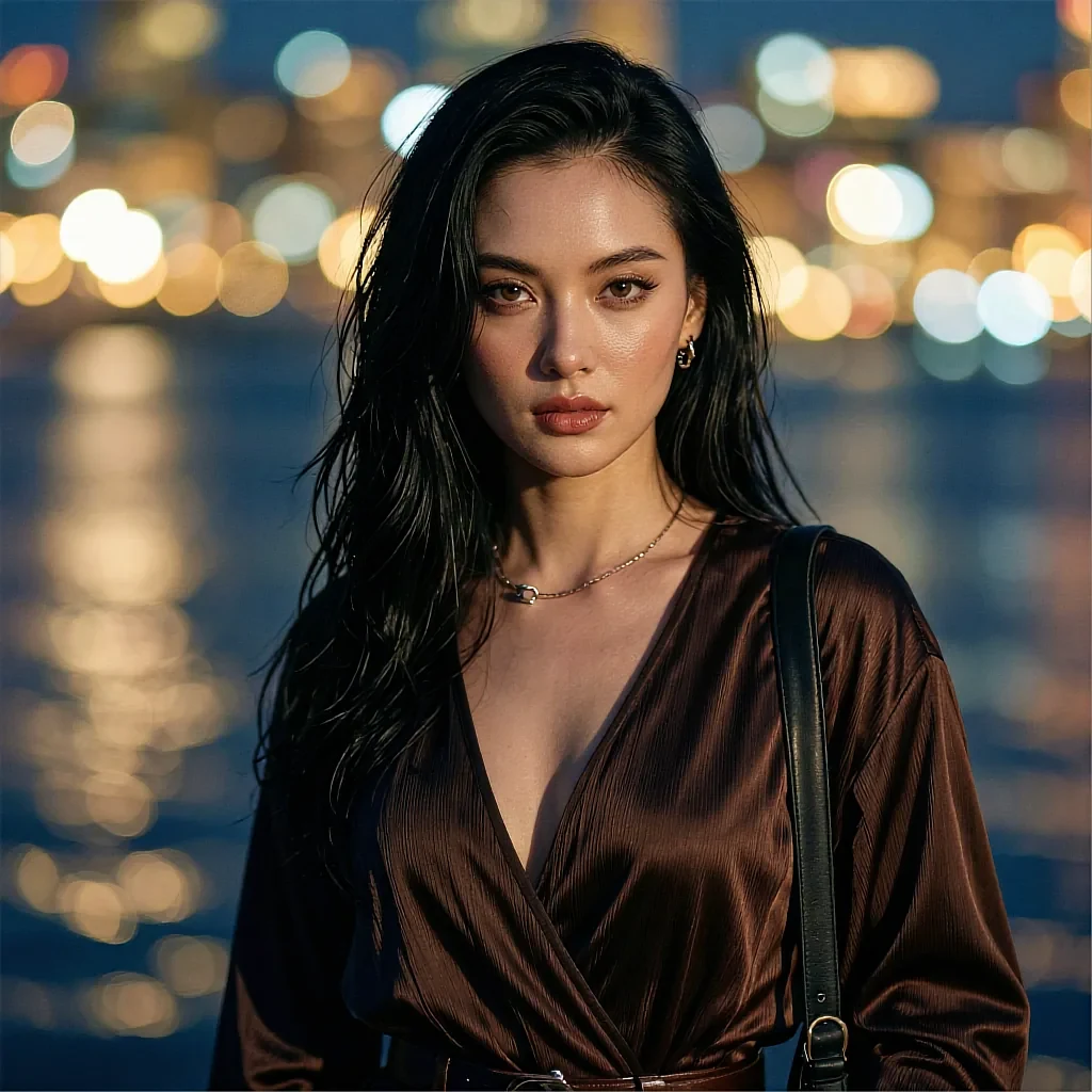 Round avatar of a fictional AI companion with dark hair against city lights
