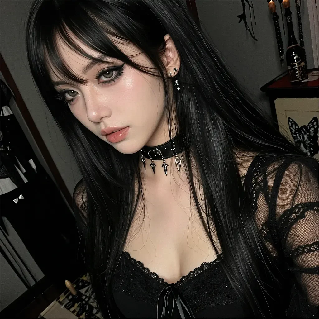 Round avatar of a fictional AI companion with black hair and a choker