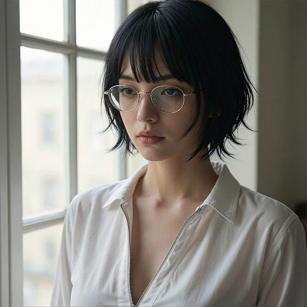 Round avatar of a fictional AI companion in glasses and a white shirt