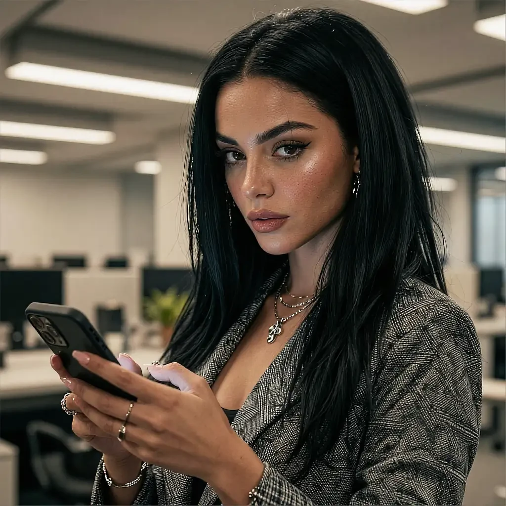 Round avatar of a fictional AI companion reading a phone in an office