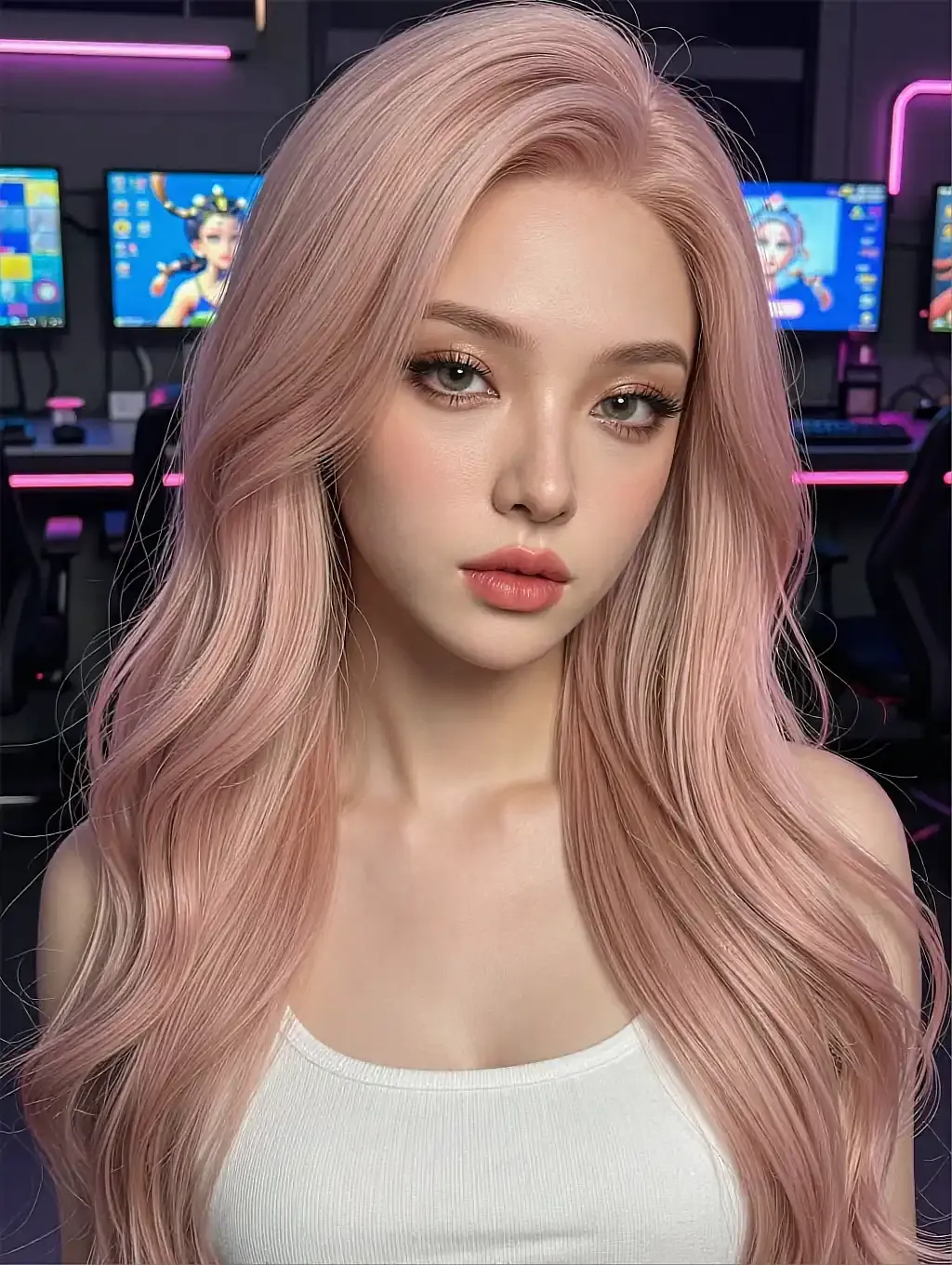 Noor, a fictional AI companion, with pink hair at a lit desk