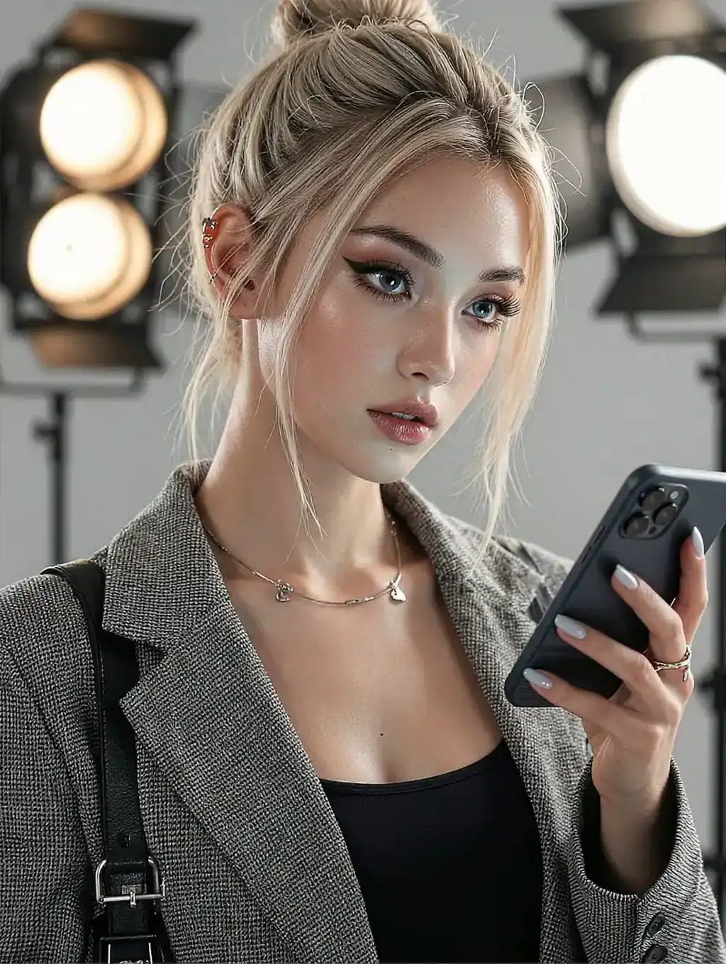 Fictional AI companion holding a phone under studio lights during an online chat