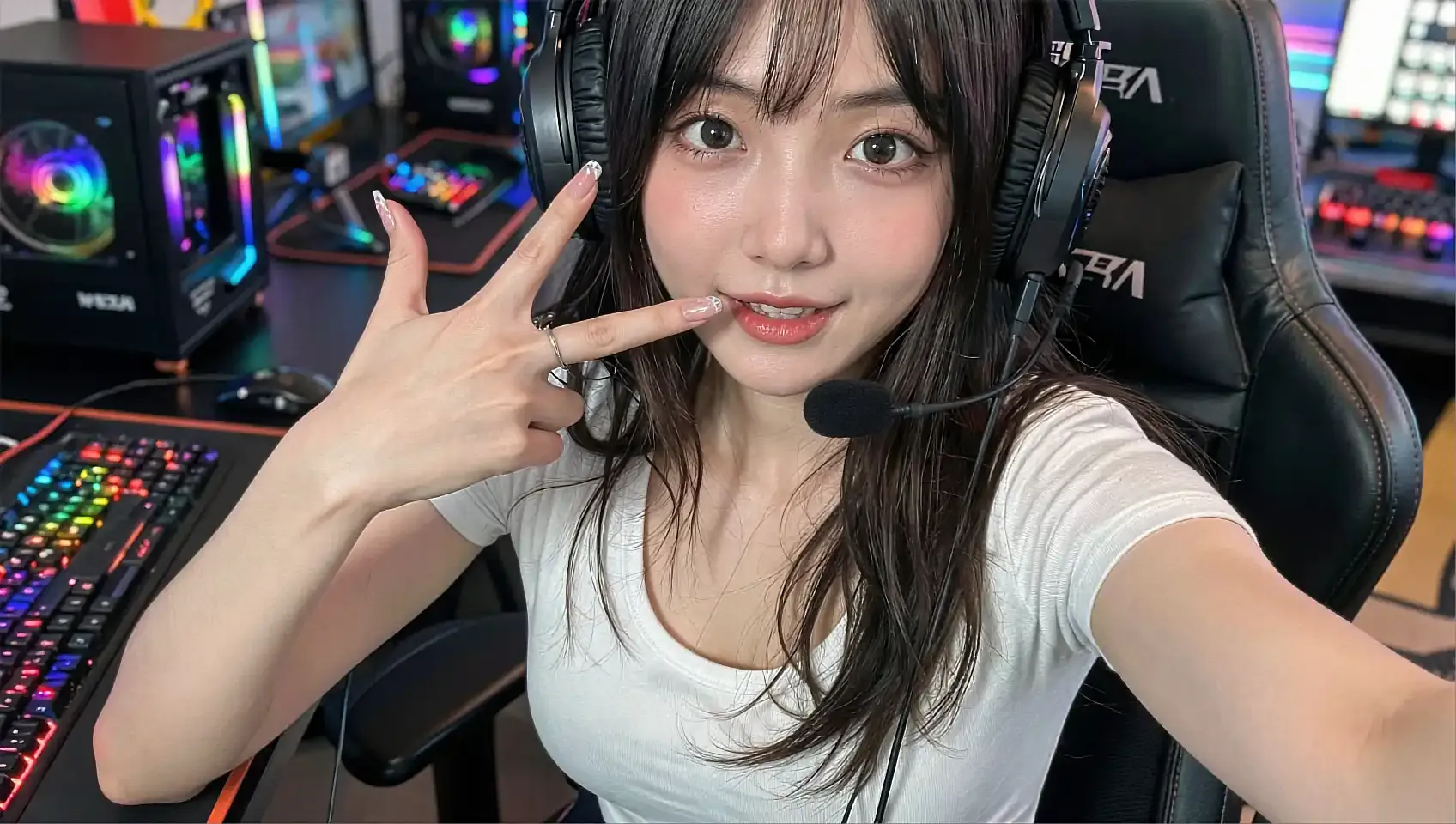 Wide frame of a fictional AI companion in a headset at a lit desk, chatting online