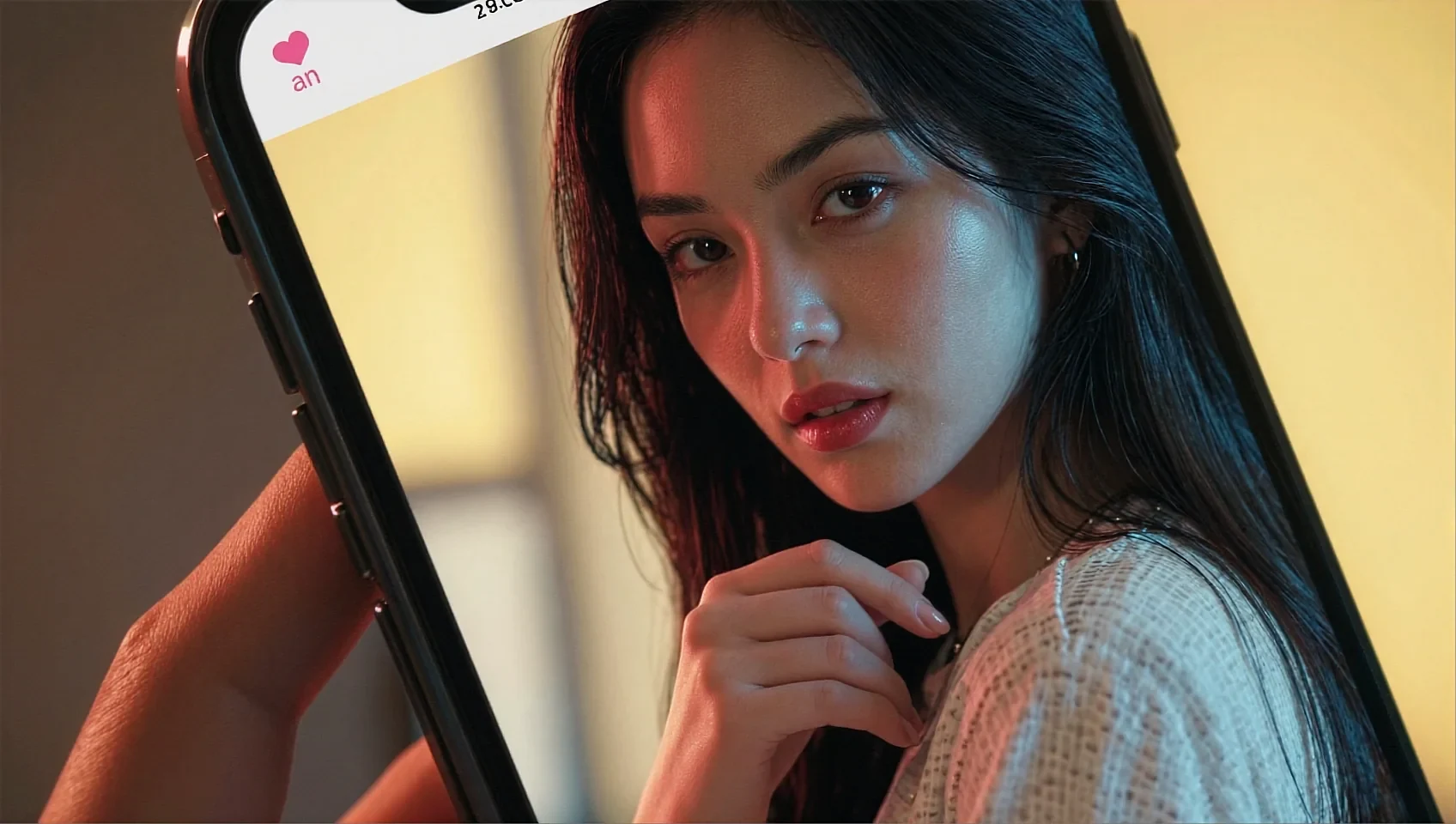 Wide frame of a fictional AI companion beside a lit phone, reached without registering