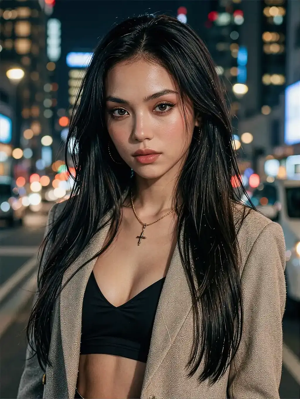 Fictional AI companion on a night street, opened without an account